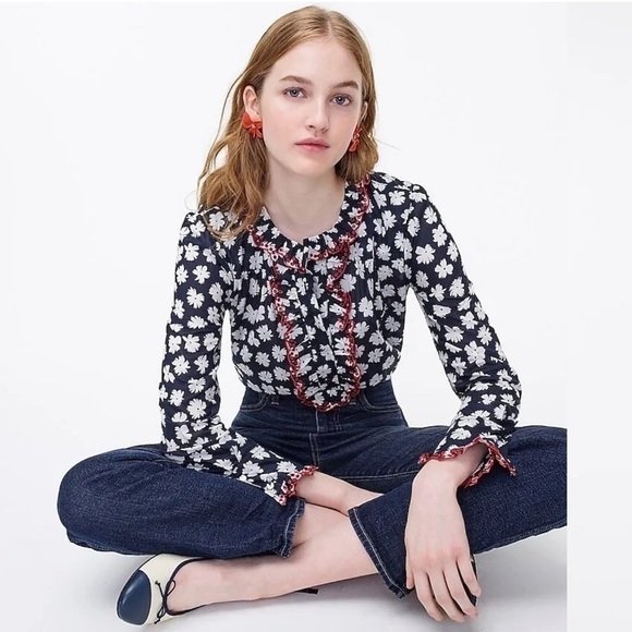 JCrew Scattered Daisies Ruffled Embroidered Popover Blouse / small - Picture 2 of 11